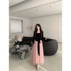 批发260克人棉磨毛+超密涤网+内里一法式温柔风连衣裙撞色拼接网纱裙