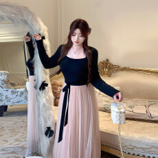 批发260克人棉磨毛+超密涤网+内里一时尚坎肩百搭温柔风收腰纯欲长裙