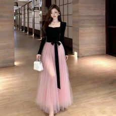 批发260克人棉磨毛+超密涤网+内里一法式温柔风网纱拼接收腰仙女长裙