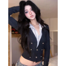 批发假两件polo领长袖条纹衬衫女秋冬纯欲上衣打底衫内搭针织开衫毛衣