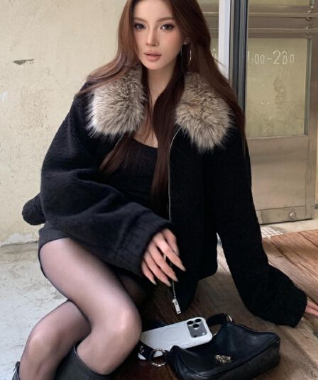 두꺼운 500 그램 양털 플리스 복합 스웨이드 큰 모피 칼라 슈퍼 한 명 화재 양털 여성 코트 두꺼움 재킷 블랙