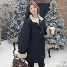 批发防水小牛津面料250克羊羔绒内里一黑色加绒加厚派克服羊羔毛外套