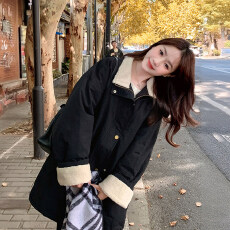 批发防水小牛津面料250克羊羔绒内里一羊羔毛拼接外套黑色派克服上衣