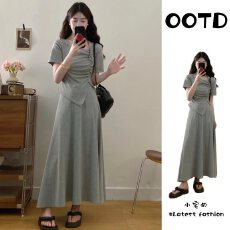 批发夏季气质方领褶皱上衣半身裙套装女<b class='q'>大码</b>胖mm慵懒风法式显瘦连衣裙