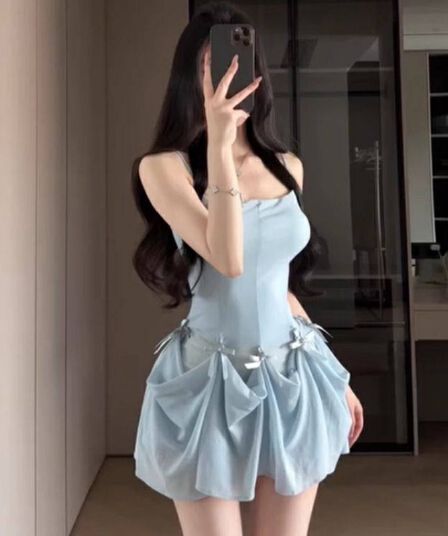 프랑스식 품격 복수 달콤한 니켈 허리 수축 슬림해 보이는 중간 길이 슬립 점프 슈트 미니 스커트 몸매 가꾸기 무거운 작업 나비 매듭 미니 스커트 여성