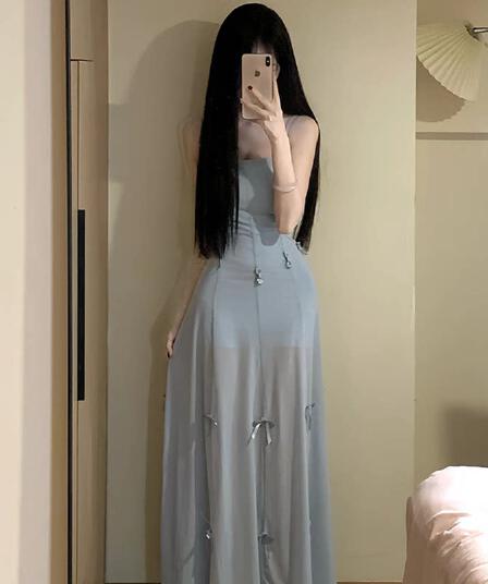 파란색 나비 매듭 슬립 여성 드레스 디자인 센스 작은 대중 아니요 명중 섹션 도파민 부드러운 한 부서 품격 치마