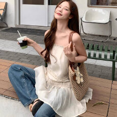 批发纯欲风杏色拼接木耳边吊带背心女2026年夏季小个子显高无袖<b class='q'>半身裙</b>