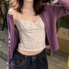 批发纯欲紫软糯轻柔紫色短款碎花吊带女<b class='q'>春</b>夏季新款韩版修身辣妹上衣