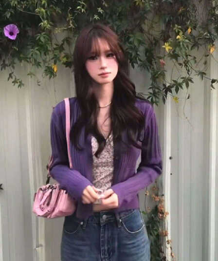 한 부서 레트로 보라색 꽃무늬 캐미솔 봄 가을 몸매 가꾸기 슬림해 보이는 스택 착용 쇼트 스타일 외부 가져 가라. 쇼트 스타일 작은 맨위