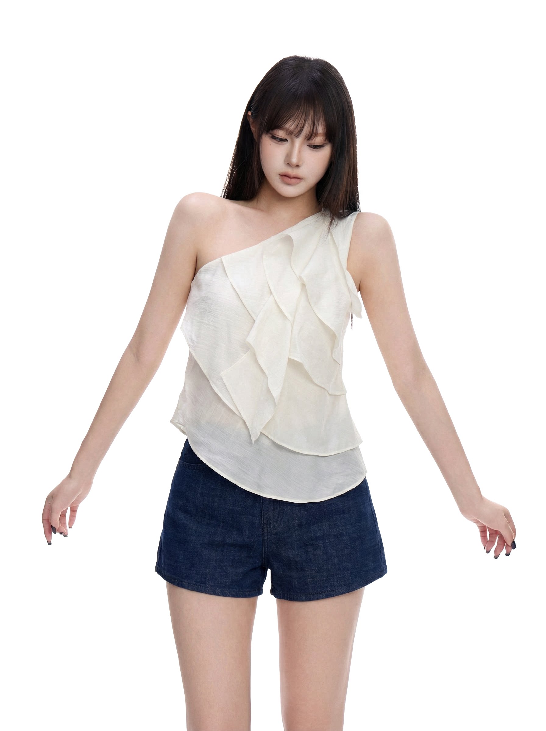 휴가 바람 다중 레이어 프릴 숄더백 조끼 여성 여름 디자인 센스 핑크색 작은 셔츠 몸매 가꾸기 슬림해 보이는 핫걸 맨위