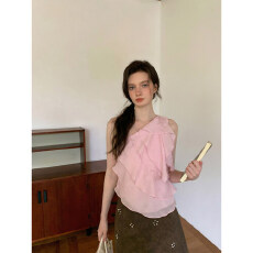 批发早<b class='q'>春</b>季飘带单肩抹胸吊带短款荷叶边斜肩上衣女高级感<b class='q'>春</b>天ootd穿搭