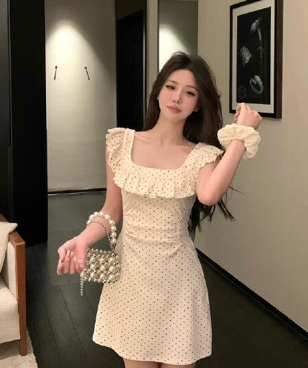슬림해 보이는 허리 수축 도트 무늬 작은 날다 소매 광장 칼라 여성 드레스 여름 새로운 품격 길다 쇼트 스타일 치마