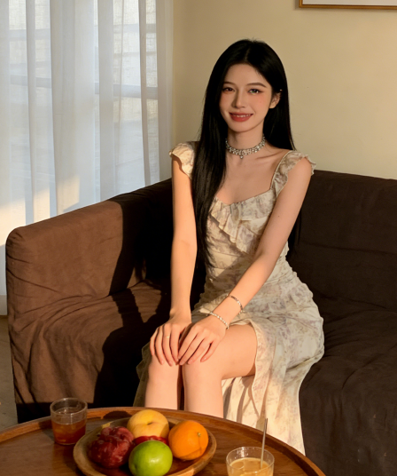 디자인 센스 작은 대중 품격 새로운 새로운 중식 잉크 페인팅 부드러운 휴가 바람 캐주얼 민소매 오프숄더 슬립 드레스