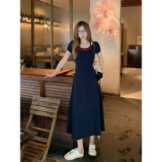 批发韩系蓝色假两件挂脖短袖<b class='q'>连衣裙</b>女夏季新款收腰显瘦长裙子