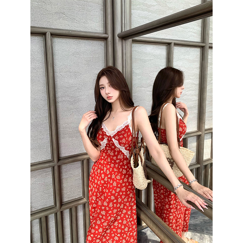 빨간색 슬립 꽃무늬 치마 여성 여름 새로운 V넥 휴가 드레스 품격