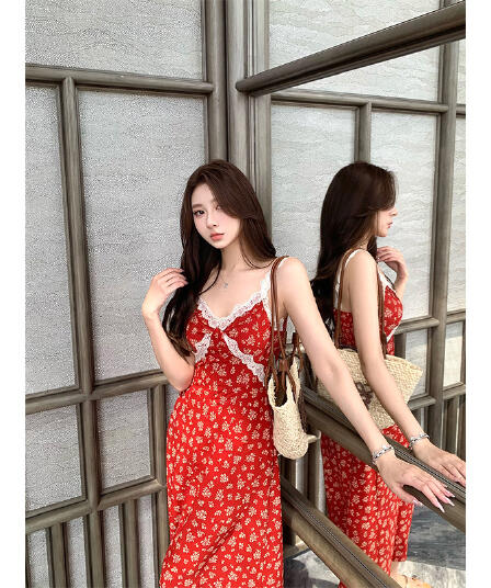 빨간색 슬립 꽃무늬 치마 여성 여름 새로운 V넥 휴가 드레스 품격