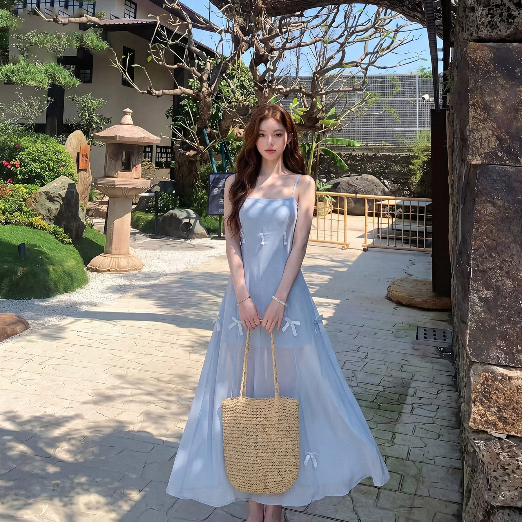 슈퍼 요정 디자인 센스 둘 착용 나비 매듭 품격 슬림해 보이는 슬립 여성 드레스 여름 새로운 허리 수축 슬림해 보이는 치마