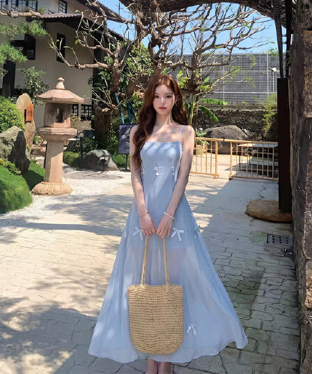 슈퍼 요정 디자인 센스 둘 착용 나비 매듭 품격 슬림해 보이는 슬립 여성 드레스 여름 새로운 허리 수축 슬림해 보이는 치마
