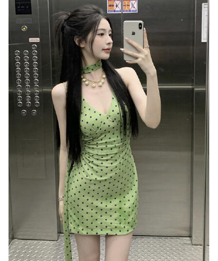 폴리 에스터 인터넷 원단 네리 레트로 리본 도트 무늬 드레스 녹색 V넥 슬립 허리 수축 슬림해 보이는 미니 스커트 프랑스식