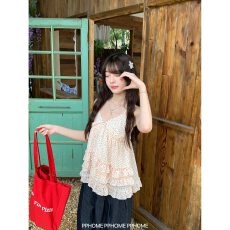 批发天丝面料+内里+打揽 波点蛋糕花边吊带背心女<b class='q'>甜美</b>设计感V领上衣