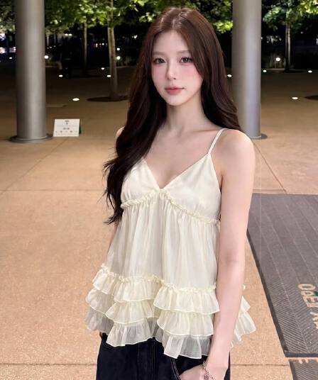 주간 실크 원단 네리 명중 가져 가라. 부드러운 캐미솔 여름 품격 루즈핏 아름다운 프릴 맨위
