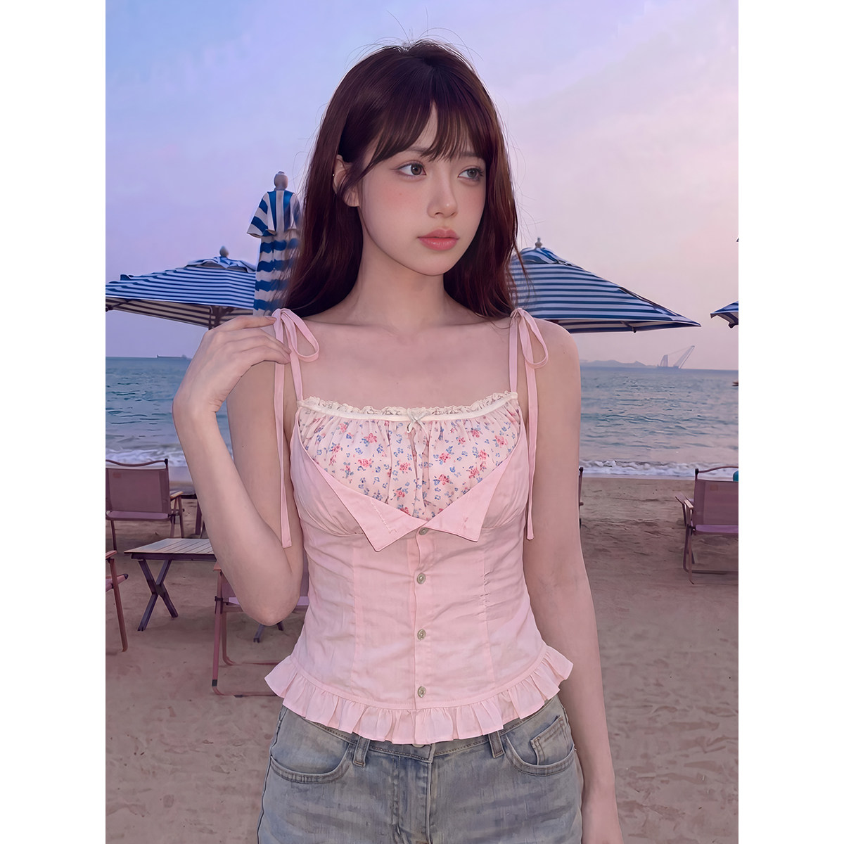 모방 주간 실크 원단 레이스 레이스 달콤한 스타일 페이크 레이어드 꽃무늬 캐미솔 프릴 허리 수축 작은 셔츠