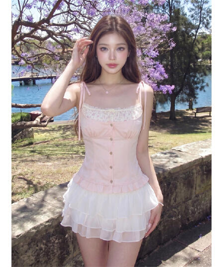 모방 주간 실크 원단 레이스 레이스 프랑스식 달콤한 스타일 레이스 레이스 캐미솔 페이크 레이어드 맨위
