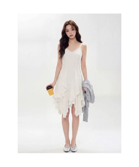 두꺼운 쉬폰 원단 네리 레이스 패치워크 디자인 센스 Tulle 슬립 여성 드레스 몸매 가꾸기 민소매 치마