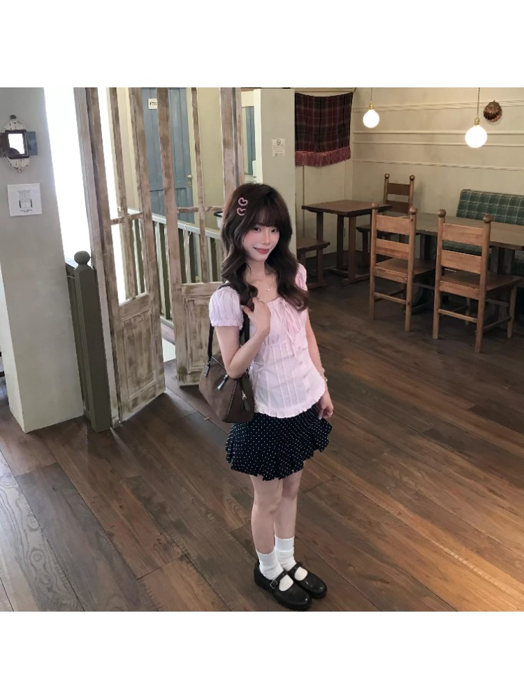 주간 실크 원단 참나무 늑골 조정 순수한 욕망 바람 거품 소매 여성 셔츠 여름 스트랩 나비 매듭 몸매 가꾸기 셔츠