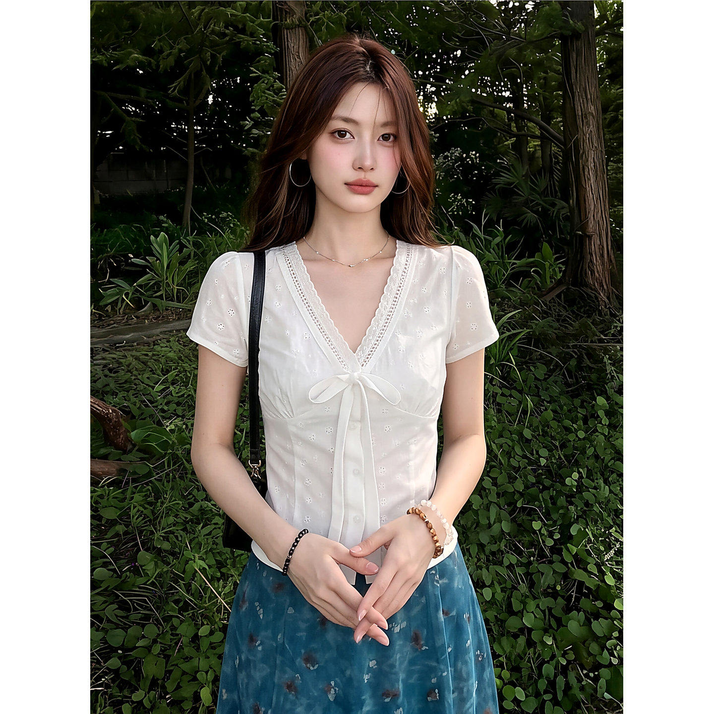 순면 자카드 원단 네리 작은 키 쇼트 스타일 화이트 레이스 맨위 V넥 스트랩 허리 수축 홀로우 아웃 셔츠