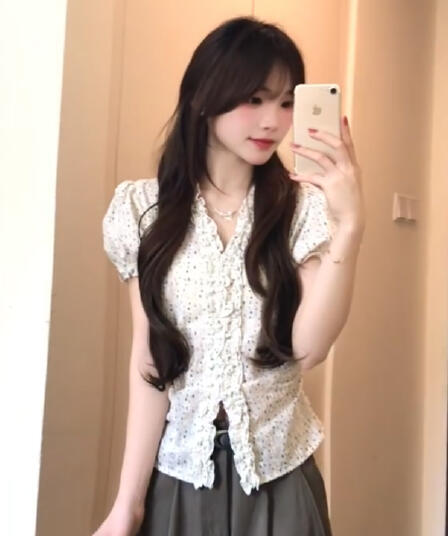 자카드 자수 원단 참나무 늑골 주름 부드러운 꽃무늬 v 칼라 반팔 셔츠 여성 작은 대중 레이스 거품 소매