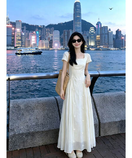 주간 실크 자수 원단 네리 부드러운 휴가 바람 단색 질감 광장 칼라 반팔 하이웨이스트 나비 매듭 드레스