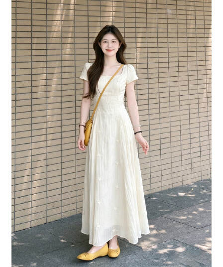 주간 실크 자수 원단 네리 고급 질감 센스 광장 칼라 3 차원 작은 꽃 뒤로 레이스업 부드러운 출퇴근 롱 스커트