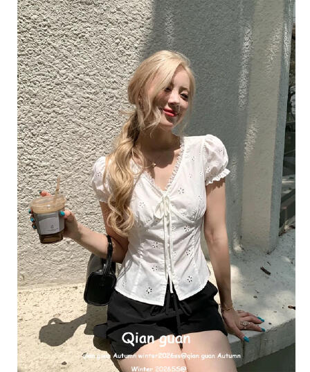 자카드 순면 원단 네리 첫사랑 센스 레이스 v 칼라 꽃무늬 레이스업 허리 수축 소녀 거품 소매 작은 셔츠