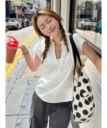 주간 실크 원단 스트랩 한 부서 레이스 v 칼라 흰 셔츠 거품 소매 허리 수축 다용도 슬림해 보이는 작은 셔츠