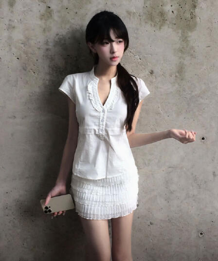 주간 실크 원단 스트랩 소녀 센스 v 칼라 레이스 흰 셔츠 반팔 허리 수축 미니멀리즘 다용도 작은 셔츠