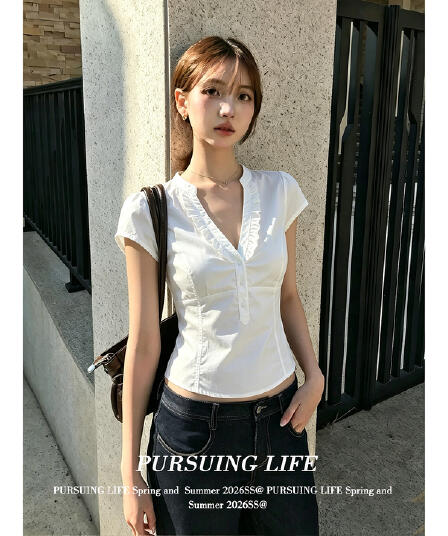 주간 실크 원단 스트랩 품격 몸매 가꾸기 화이트 맨위 v 칼라 프릴 버블 반팔 기초 셔츠