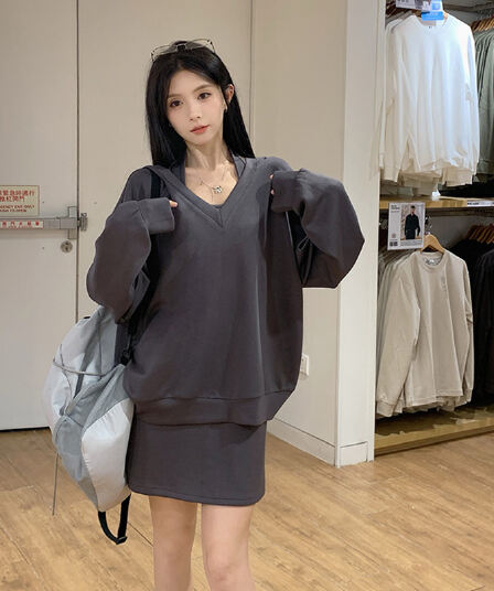 사람들 면 빈 가스 층 참나무 늑골 둘 색상 선택 사항 캐주얼 투피스 세트 v 칼라 행침 목 후드티 반신 스커트