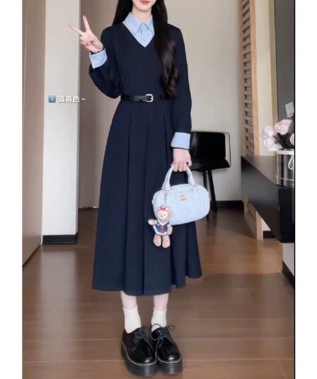 작은 대중 패치워크 섹션 해군 롱 스커트 스트라이프 셔츠 칼라 페이크 레이어드 v 칼라 몸매 가꾸기 슬림해 보이는 드레스