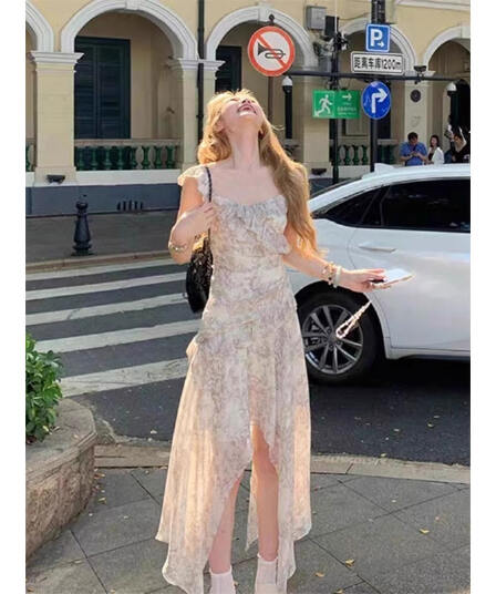 높음 비틀림 쉬폰 벨트 네리 있음 지퍼 순수한 욕망 바람 슬립 드레스 꽃무늬 허리 수축 불규칙 밑단 미니 스커트