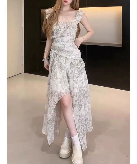 높음 비틀림 쉬폰 벨트 네리 있음 지퍼 소녀 바람 꽃무늬 슬립 드레스 비대칭 프릴 짧은 치마