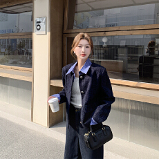 miu系穿搭藏青色短款翻领小香风外套女2026秋季新款超火开春上衣