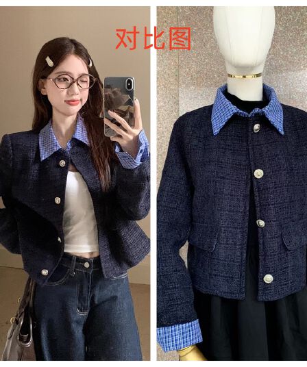 복합 두꺼운 모방 원단 어깨 패드 원본 단추 학원 스타일 체크무늬 패치워크 작은 샤넬 스타일 쇼트 스타일 재킷