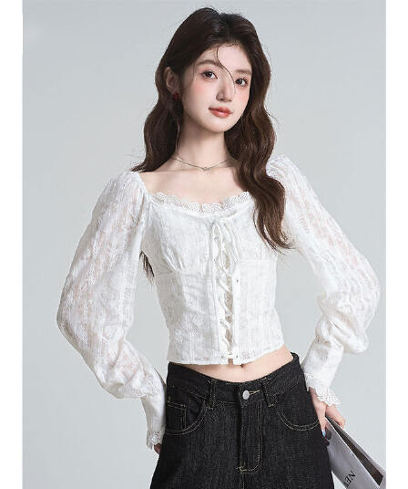 포함 면 원단 지퍼 명중 가져 가라. 프랑스식 분위기 센스 광장 칼라 자카드 십자가 레이스업 쇼트 스타일 거품 소매 맨위