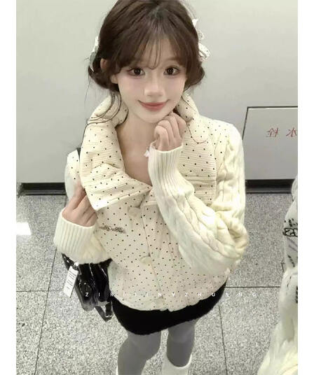 한 부서 달콤함 도트 무늬 니트 패치워크 긴팔 면 의류 여성 코트 겨울 루즈핏 두꺼운 쇼트 스타일 보온 패딩 재킷
