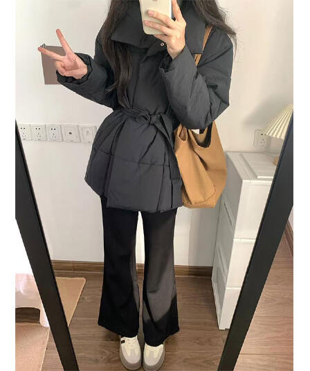 검정색 허리 수축 레이스업 아래 면화 의류 여성 가을 2026 년 새로운 한 부서 착용 가져 가라. 두꺼운 면 옷 목화 진딧물 재킷