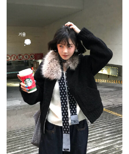 두꺼운 500 그램 양털 플리스 복합 스웨이드 큰 모피 칼라 하나 아메리칸 레트로 모피 칼라 두꺼운 긴팔 검정색 맨위