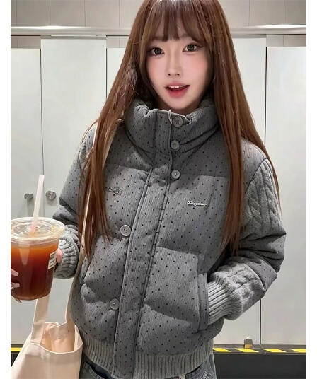 한 부서 달콤함 도트 무늬 니트 패치워크 긴팔 면 의류 여성 코트 겨울 루즈핏 두꺼운 쇼트 스타일 보온 패딩 재킷