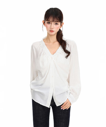 두꺼운 모래 워시 사선 무늬 원단 절묘한 프릴 v 리더쉽 단추 거품 소매 슬림해 보이는 화이트 맨위 여성