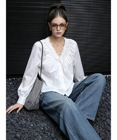 두꺼운 모래 워시 사선 무늬 원단 한국 스타일 부드러운 프릴 v 칼라 가을 어깨 거품 소매 싱글 줄 버튼 셔츠 여성